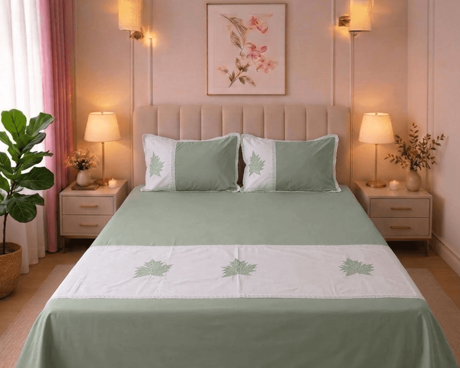Sage Green 400 TC Percale Cotton Bedsheet with Embroidered Maple Leaf Motifs